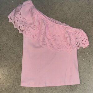 Pink One-Shoulder Eyelet Top